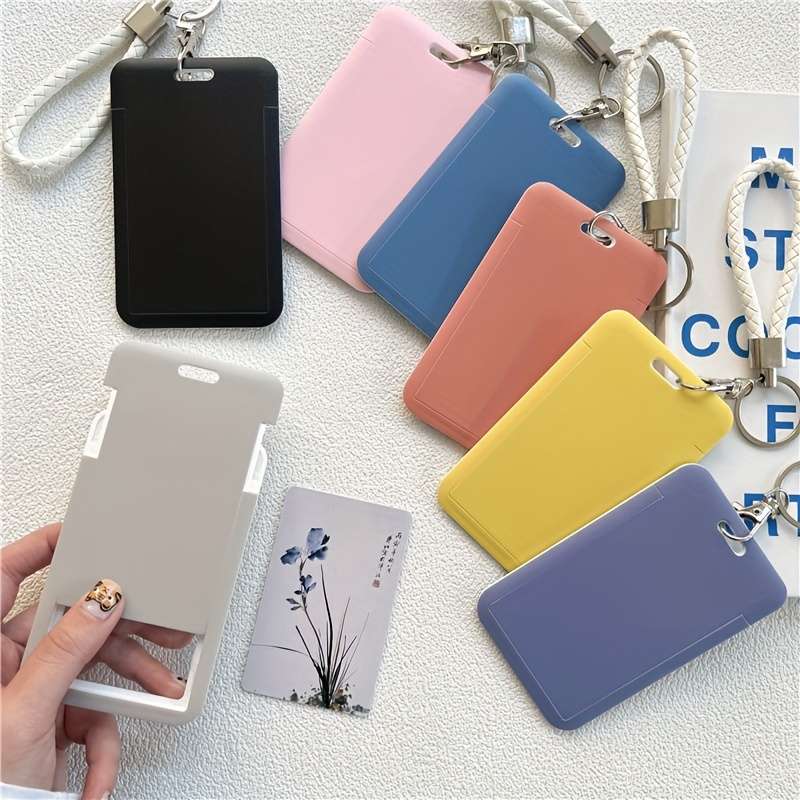 1pc Fashionable Macaron Solid Color Plastic Commuter Card Case with Keychain Hand Washable Non-D