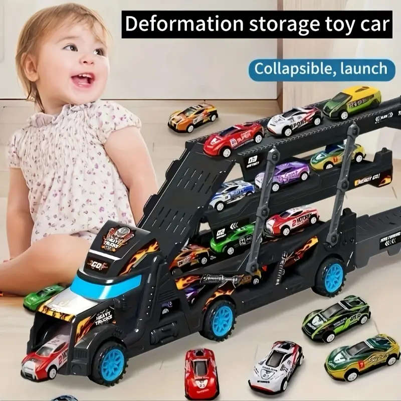 Black Transforming Toy Truck for Youngsters Foldable Launch Vehicle Cargo Transport Car Sliding Truc