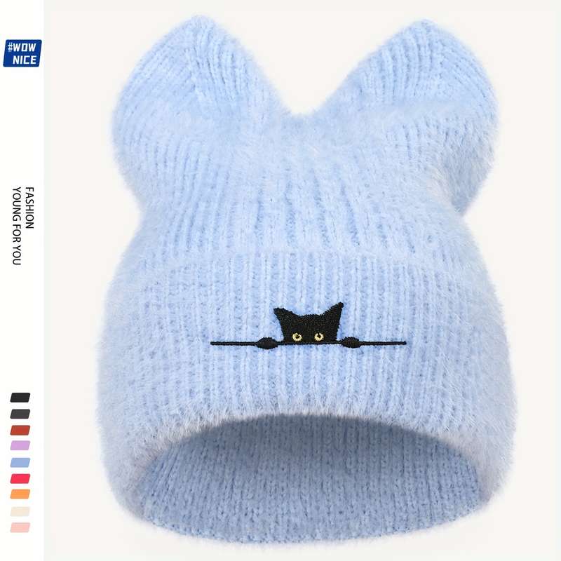 1pc Cozy Black Cat Embroidered Knit Beanie Thick Plush Winter Hat with Ear Covers Breathable St