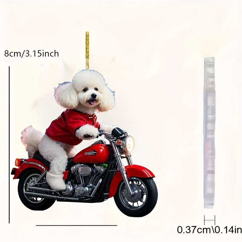 1pc 2D Flat   Adorable Bichon Frise on Motorcycle Acrylic Hanging Ornament Charming Red-Dress