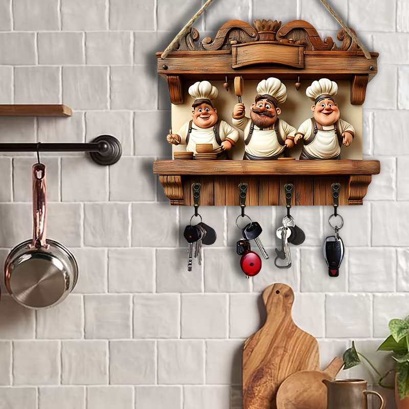 2D Flat 1pc Restaurant Chef Happy Partner Simple Colorful Wooden and Home Key Hanger with Four Me