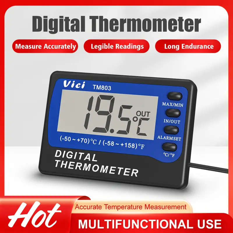 1pc Digital Thermometer with External Sensor Large Display -58 to 158 Range Alarm Alerts AAA Batter