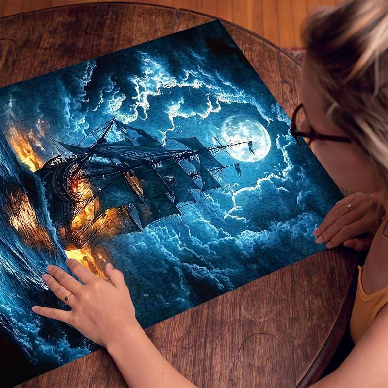 1000pcs Moonlit Sailing Ship Jigsaw Puzzle Cardboard Material Brain Teaser DIY Home