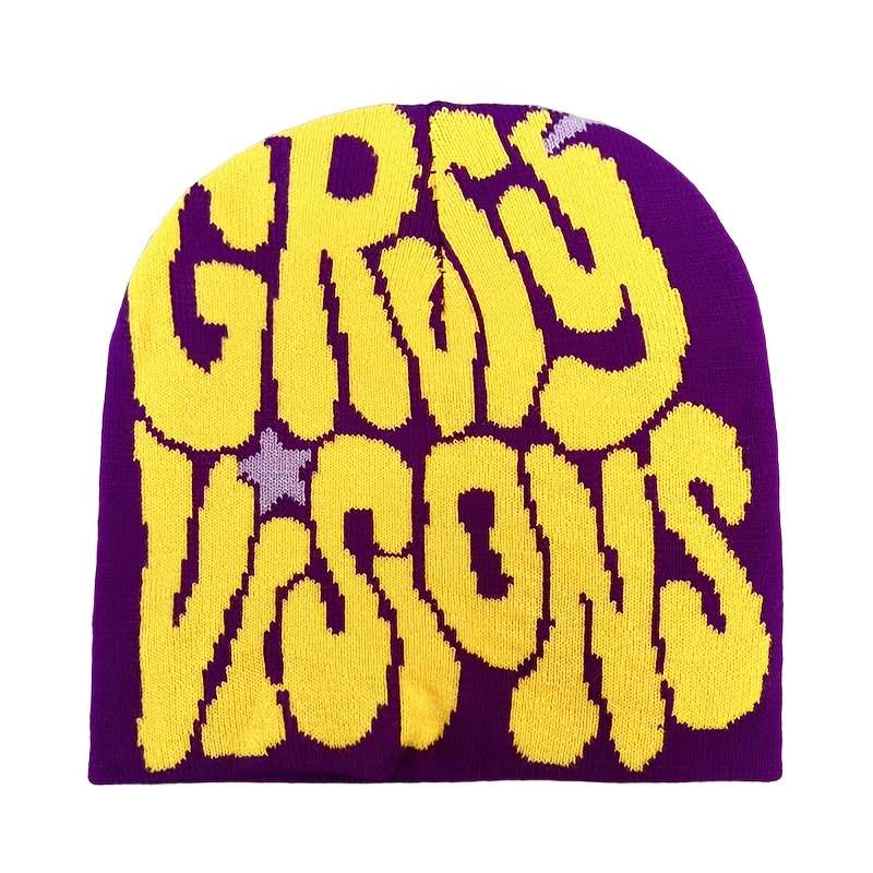 1pc Unisex Acrylic Y2K Hip-Hop Knit Beanie Elastic Skull Cap with Letter Jacquard Warm Ski