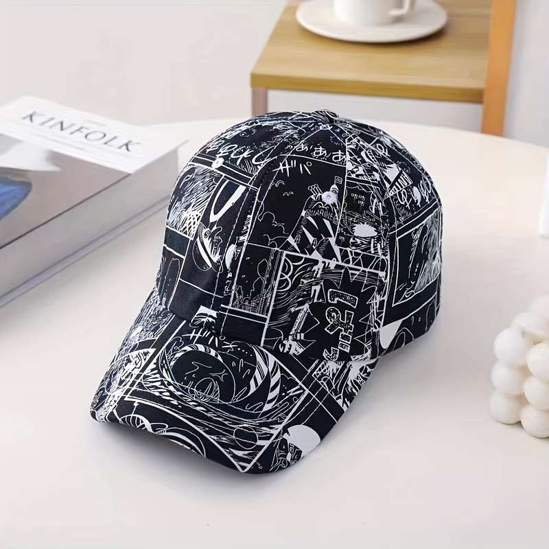 1pc Trendy Men's Graffiti Baseball Cap Black White Abstract Design Lightweight Sun Protect