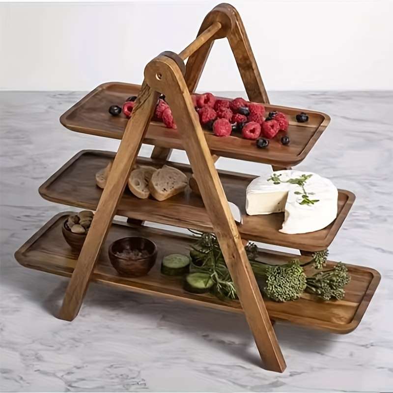 3-Tier Wooden Serving Tray Acacia Hardwood No Power Required Kitchen Organizer Buffet Displ