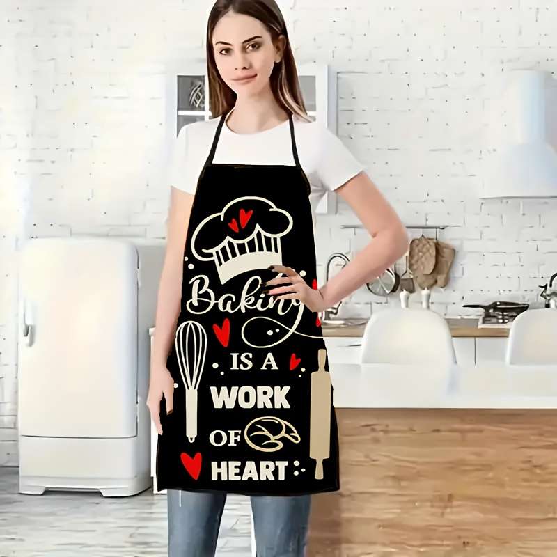 1pc "Baking Is A Work Of The Heart" Polyester Apron for Home Outdoor BBQ Party Cleaning with