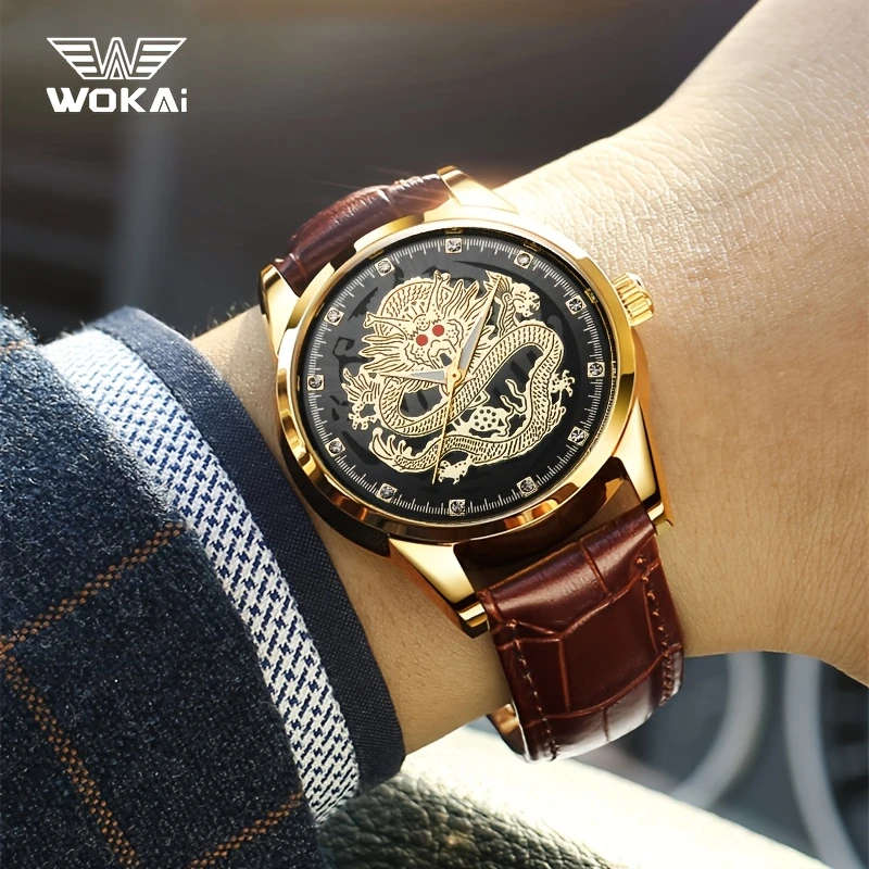 1pc Men's Dragon Zodiac Quartz Watch Classic Style with World Time Faux Leather Strap Battery Operat