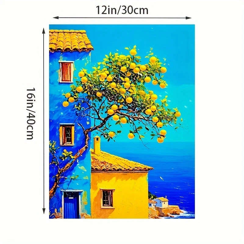 1pc Vibrant Mediterranean Landscape Canvas Print 30.48x40.64cm Artistic House and Fruit Tree Poster