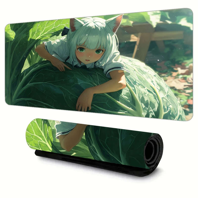 1pc 30x80cm Anime-Style Mouse Pad with Cute Girl in Green Leaves Design