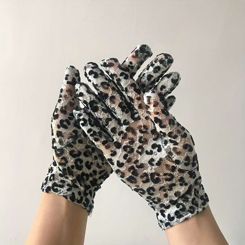 5 Pairs Black And White Leopard Print Lace Gloves