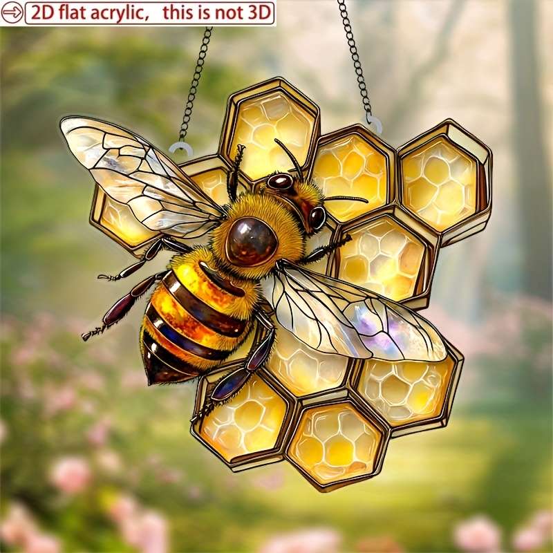 1pc 2D Flat  Acrylic Vibrant Bee Sun Catcher 8"x7.6" Honeycomb Garden Decoration Perfect Gift fo