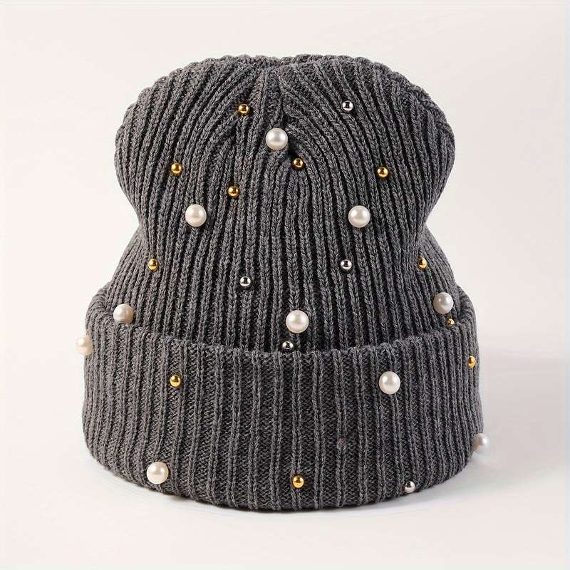 1pc of Women'S Fashion Pearl Decorated Knitted Hat Without Brim Suitable for Autumn And Winter
