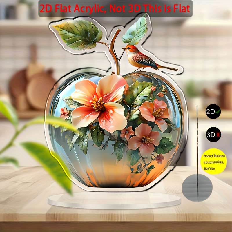 1pc 2D Flat   Boho Style Acrylic Apple Decorative Figurine with Floral and Bird Design Versatil