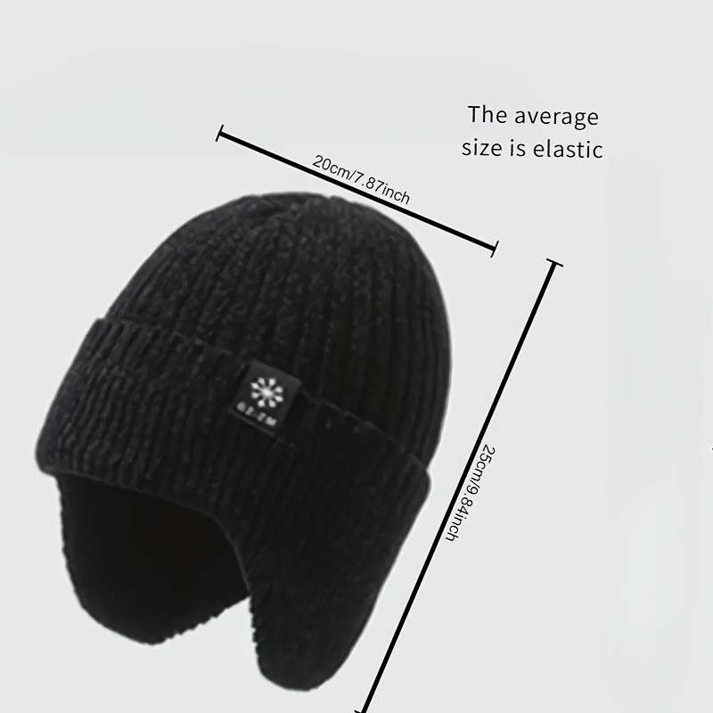 1pc Thick Velvet Lined Warm Knit Beanie  Ear Flaps Winter Hat for Men Cold Weather Protection
