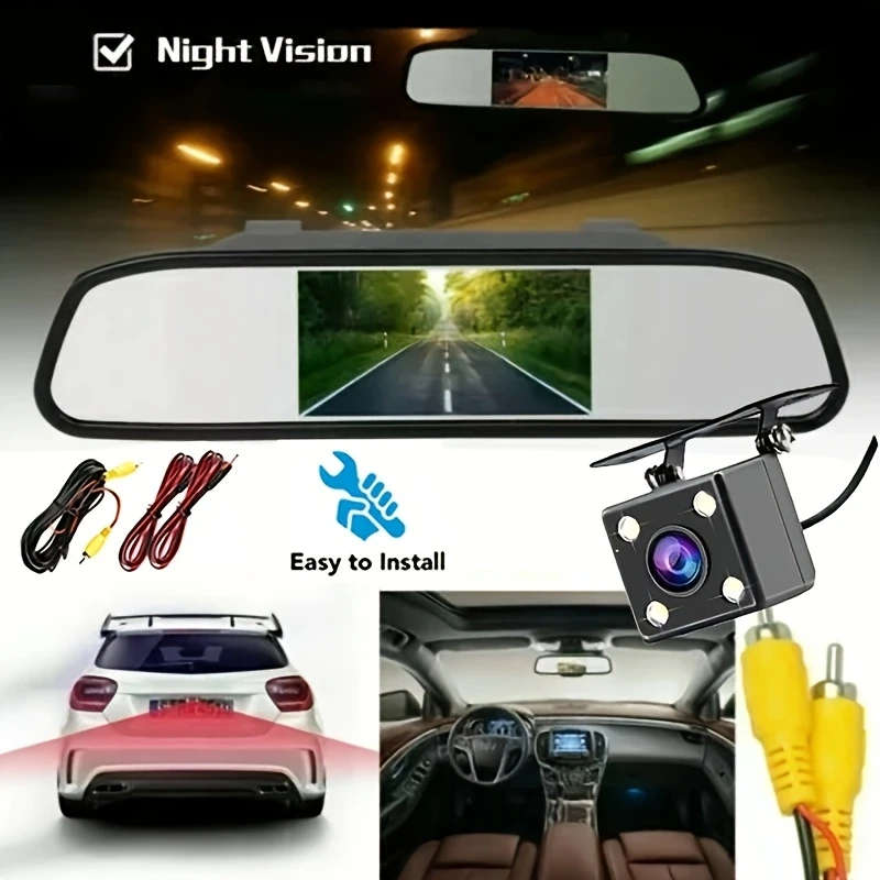 1pc HD 10.92cm TFT LCD Rearview Mirror Monitor with Night Vision Backup Camera Easy Installation Dua