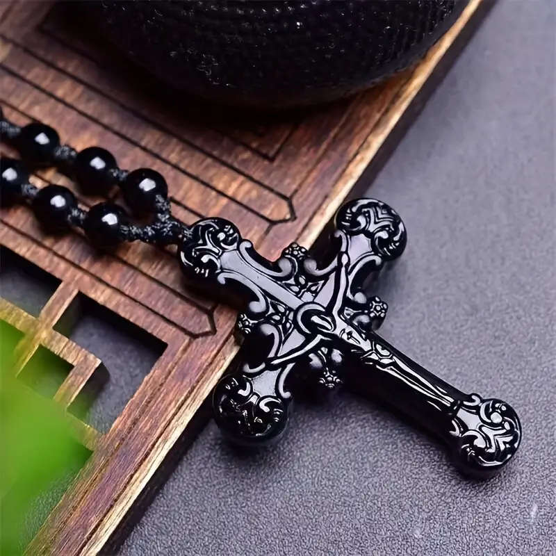 Unisex Obsidian Cross Pendant Necklace