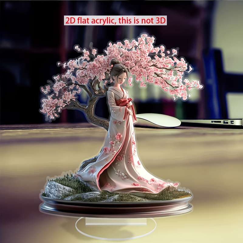 1pc 2D Flat    Acrylic Decorative Japanese Cherry Blossom Tree Kimono Girl for Home Decora