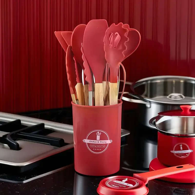 12pcs Silicone Kitchen Utensil Set with Wooden Handles Non-Stick Food-Safe Cooking Tools Washable Du
