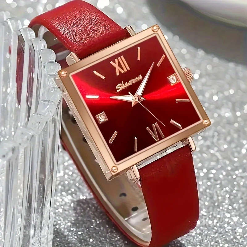 2pcs set Elegant and Fashionable Women's Square Dial PU Leather Strap Quartz Watch Versatile Fashion