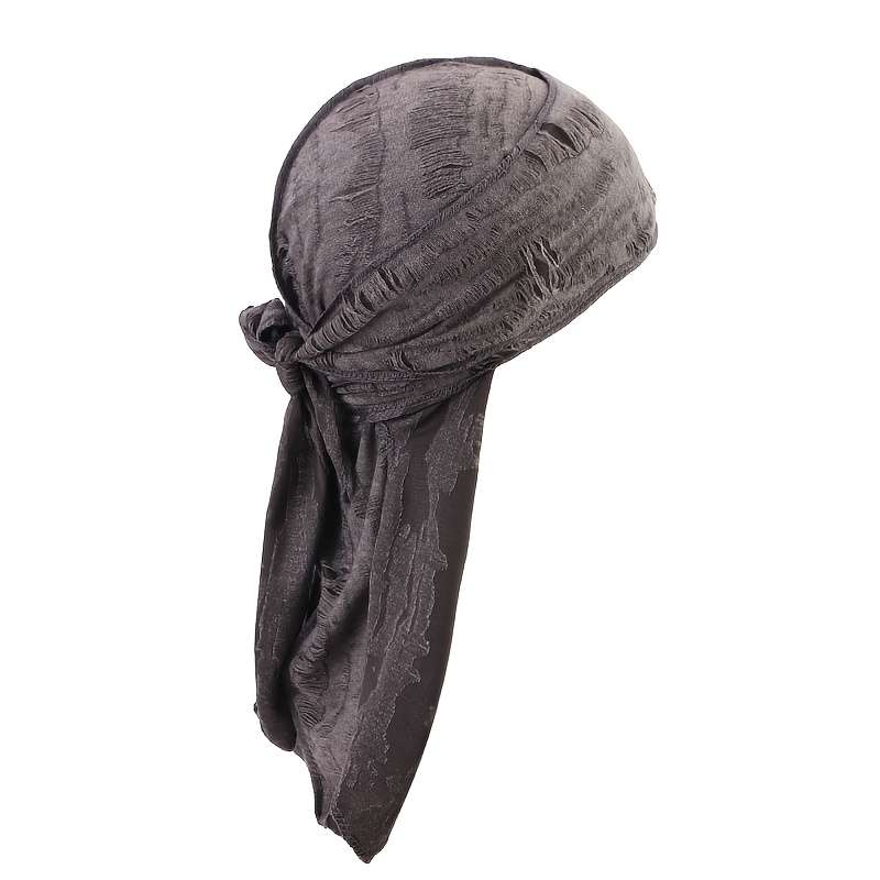 1pc Men'S Vintage Distressed Pirate Hat with Adjustable Ties Black Knit Polyester Rapper Wrap Tur