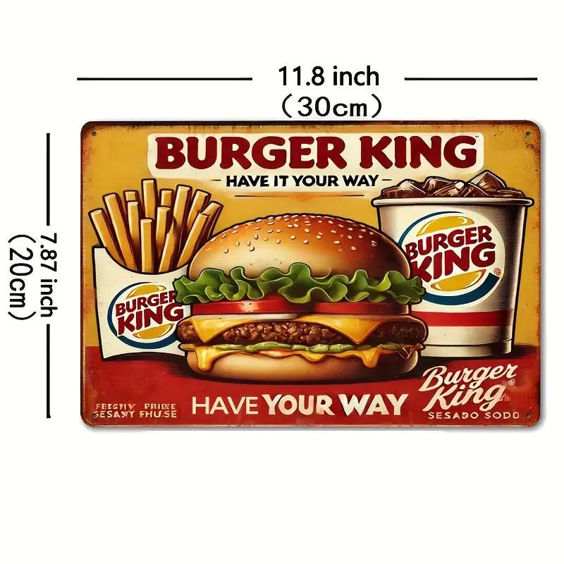 1pc Vintage Burger King Metal Wall Sign 20.32x30.48cm Retro Fast Food Decor with Classic Logo for Ki