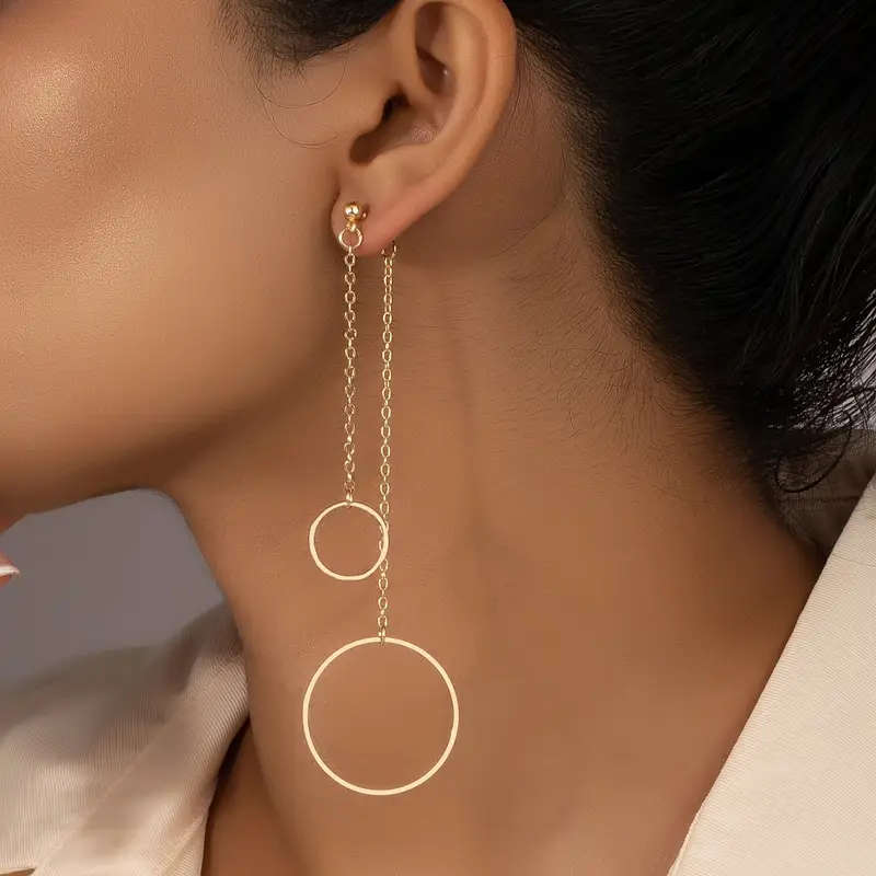 Double Ring Pendant with Long Chain Earrings