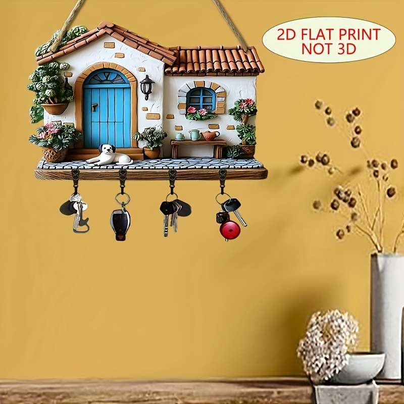 Charming Dog House Wooden Key Rack with 4 Metal Hooks Easy Wall Mount Decorative Entryway  Hallw