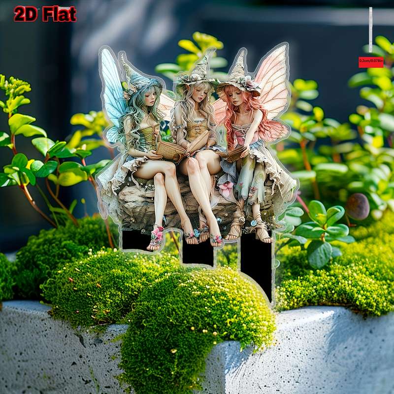 1pc 2D Flat   Printingacrylic fairy garden stakes rustic style reading fairy decorative ac