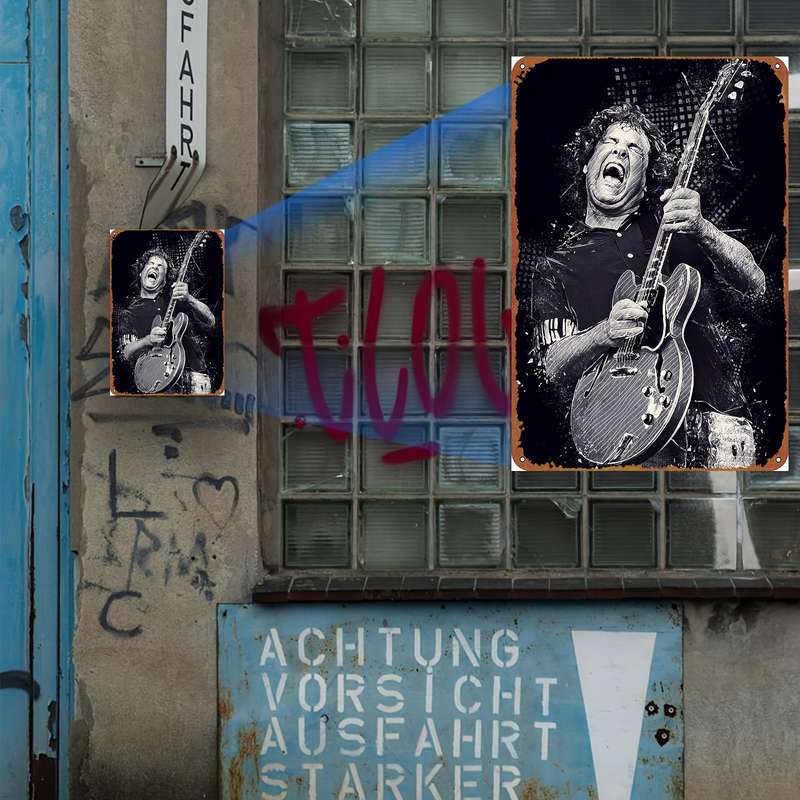 1pc Vintage-Inspired Gary Moore Guitar Metal Tin Sign Waterproof Weather-Resistant Universal Wal