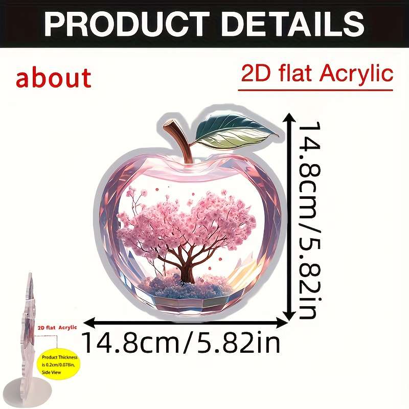 1pc 2D Flat    Acrylic Apple Shape Ornament with Sakura Design Transparent Pink Flower