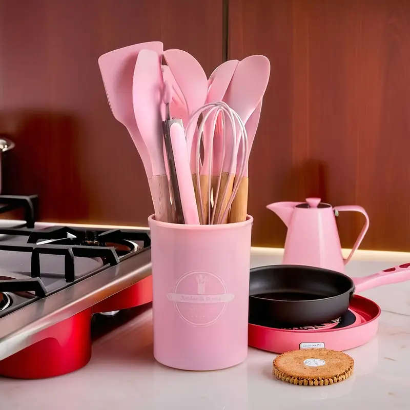 12pcs Silicone Kitchen Utensil Set with Wooden Handles Non-Stick Food-Safe Cooking Tools Washable Du