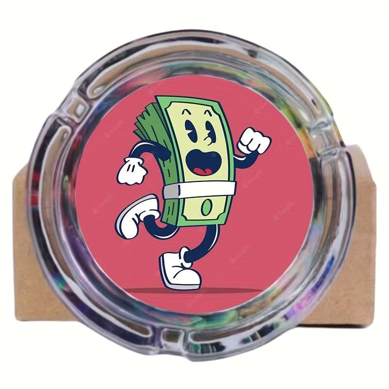 1pc Round Glass Ashtray with Cartoon Dollar Design Colorful Playful Money Illustration Perf