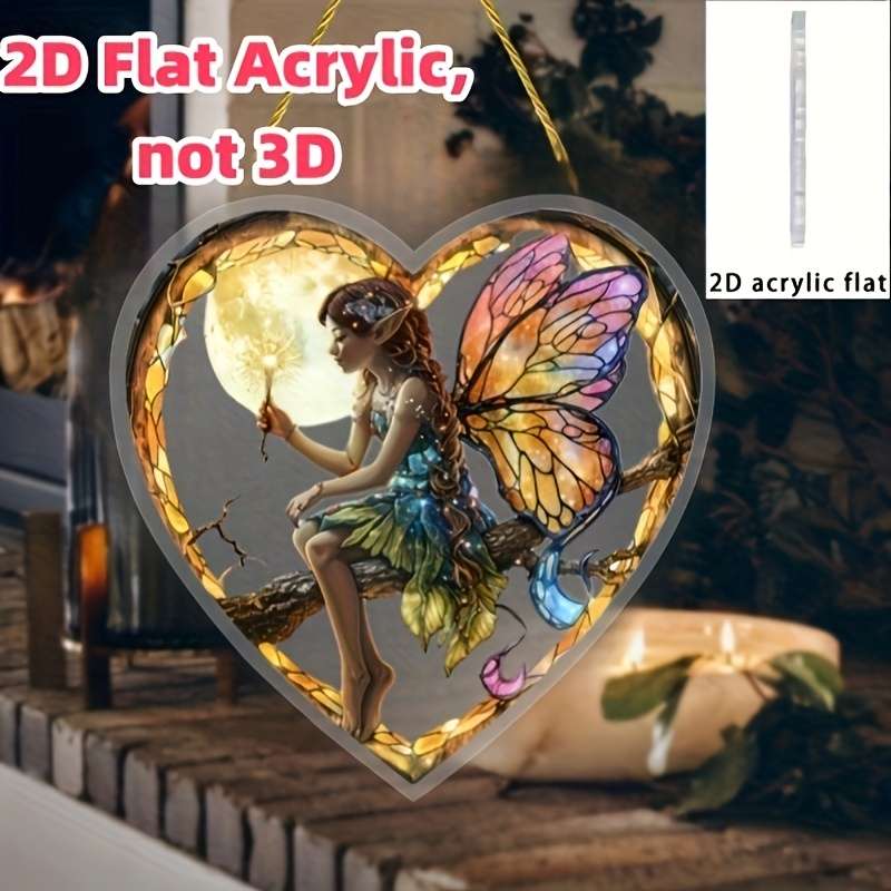 1pc 2D Flat  Bohemian  Charming Night Fairy Sun Catcher 20.32cm x 20.32cm Acrylic Heart-Sh