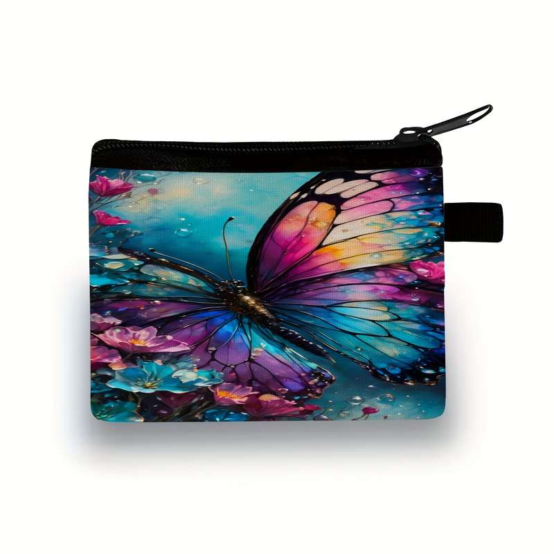 1pc Elegant Butterfly Floral Print Compact Purse for Girls Casual Polyester Coin Key Card Ho