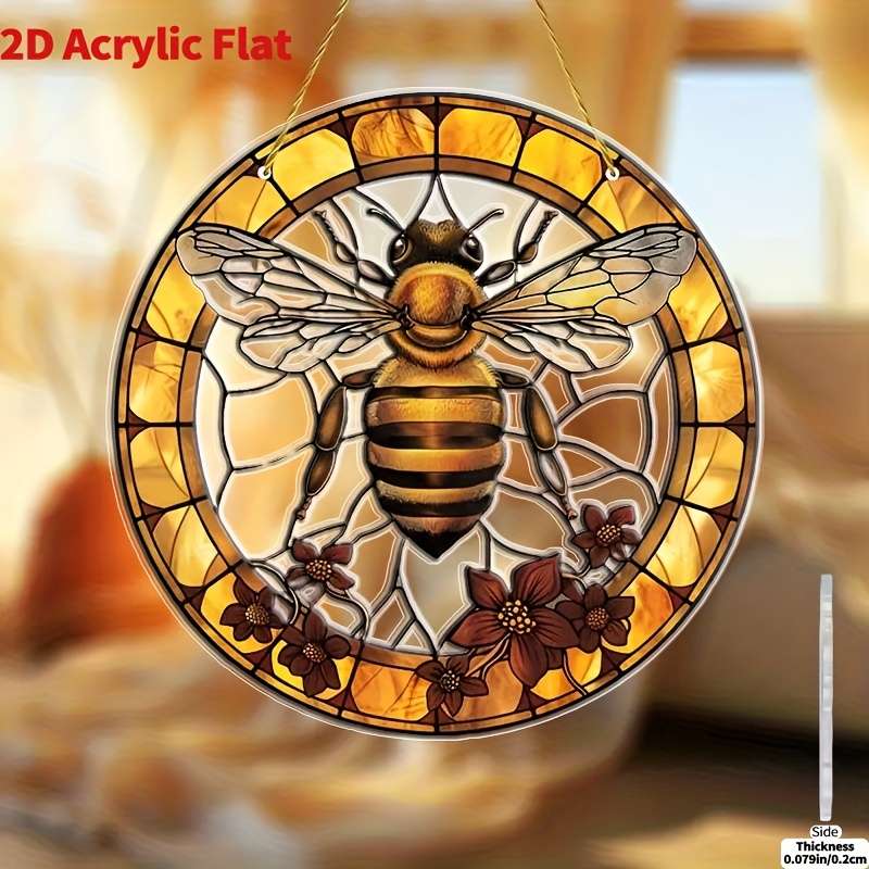1pc 2D Flat  20.32x20.32 cm Bee Flower Stained Glass-Style Acrylic Suncatcher Vibrant Yellow