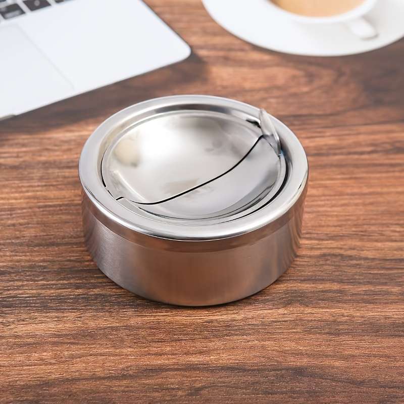 1pc Stainless Steel Windproof Ashtray with Lid Portable Round Design for Home and Outdoor Use