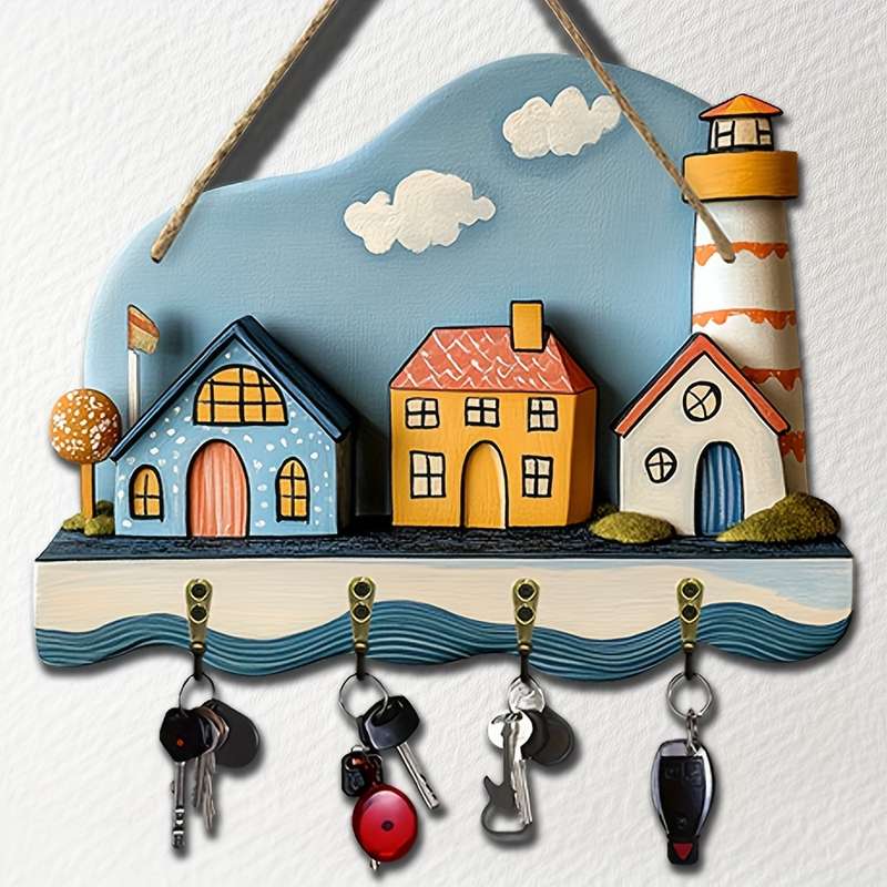 1pc Seaside Style Creative Home Wall Mounted Key Holder Simple Colorful Wooden Key Holder with Fou