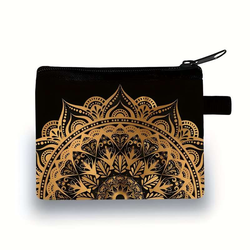 1pc Stylish Mandala Print Zipper Pouch Lightweight Durable Polyester Coin Purse with Vibrant Flor