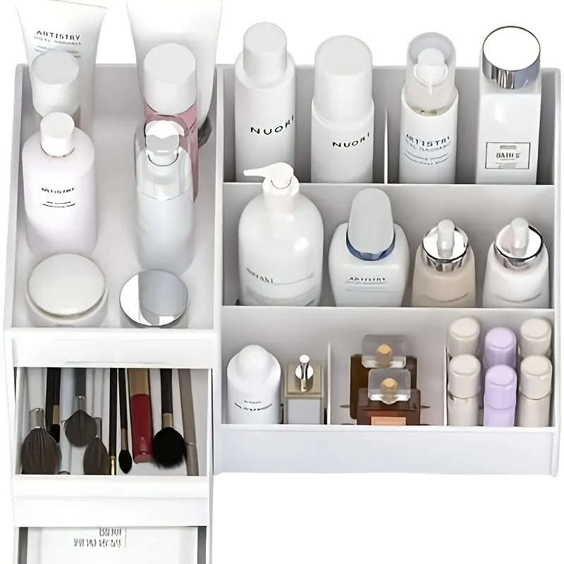 1pc Plastic Cosmetic Organizer with Drawers Lightweight Countertop Makeup Storage Holder for Lipstic