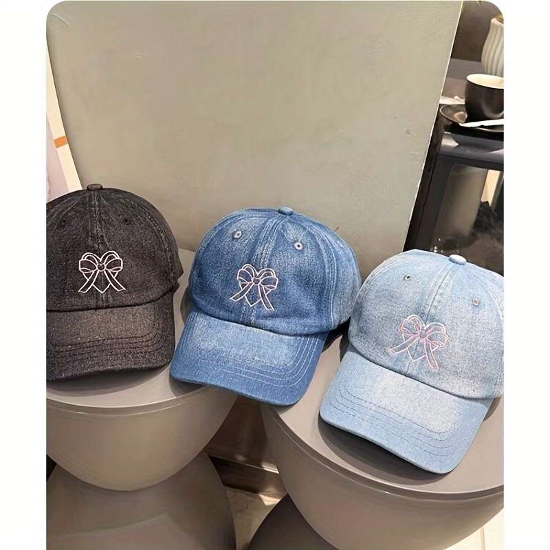 1pc Baseball Cap With Embroidered Love Heart Bow Casual Denim Face-Slimming Design Unisex Trendy