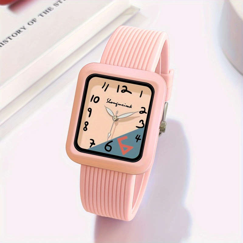 1pc Fashionable Quartz Watch With Striped Silicone Strap Colorblock Dial Rectangular Case Elegant