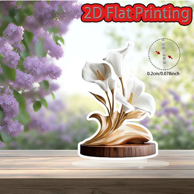 1pc 2D Flat  Printing  Elegant White Lily Acrylic Decor with Base Bohemian Style Perfect for