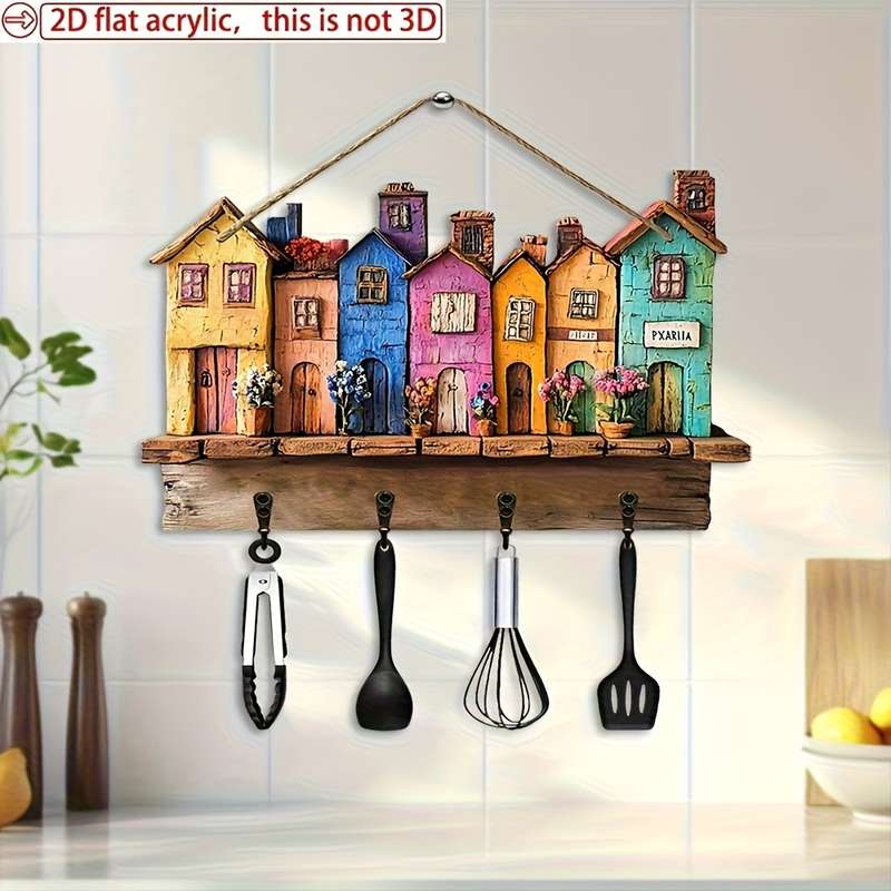 1pc Classic Home Wooden Wall Keychain 29.97cm X 22.86cm with 4 Metal Hooks Multipurpose Home Deco