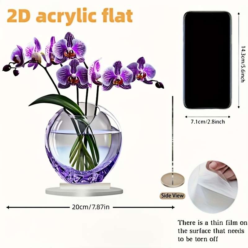 1pc 2D Flat -Printed Purple Orchid Acrylic Floral Decor with Crystal Glass Effect No Electricity N