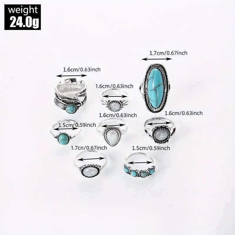 8pcs Vintage Boho Turquoise Mosaic Alloy Ring Set