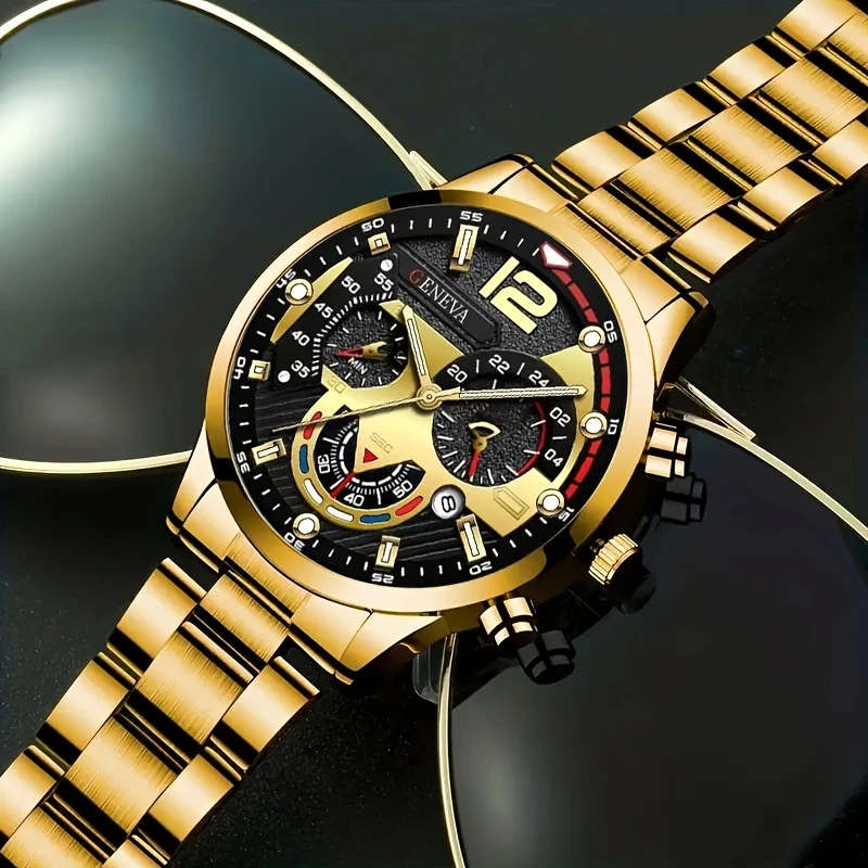 4pcs Luxury Gift Set Stainless Steel Quartz Watch with Calendar Golden Arrow Necklace Bracelet and R