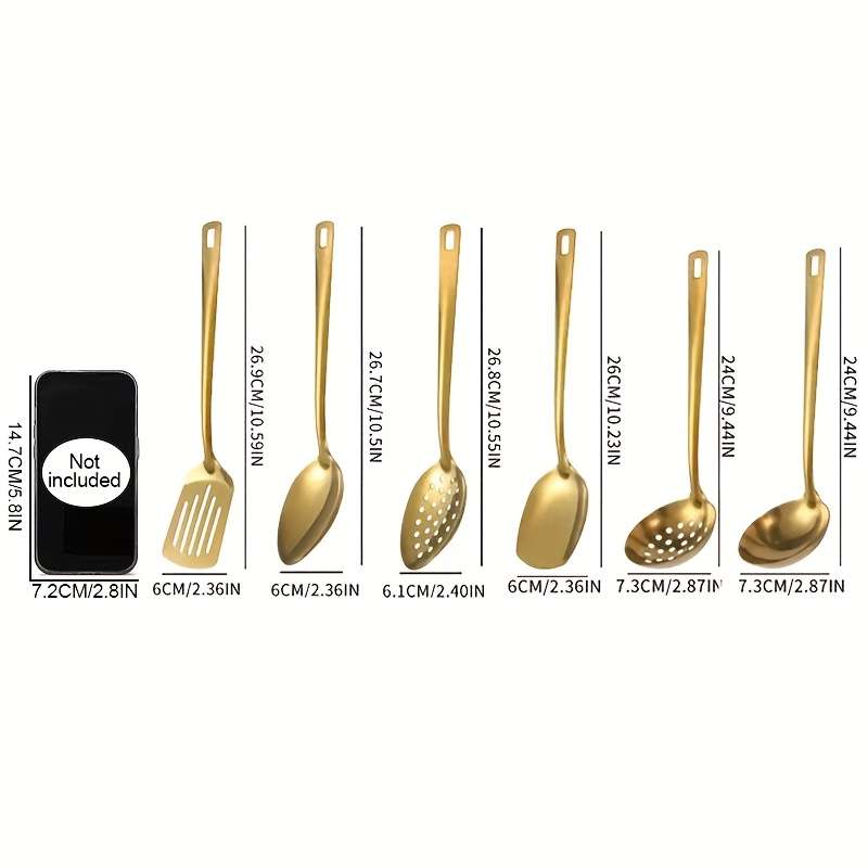 6pcs Gold-Plated Stainless Steel Kitchen Utensil Set Includes Soup Spoon Colander Frying Sh