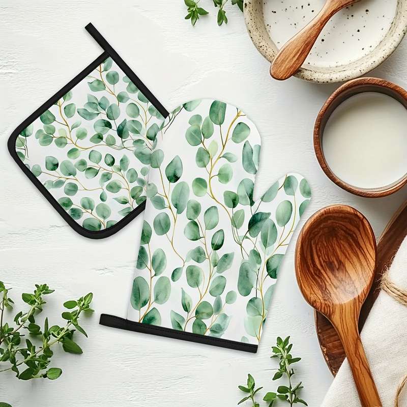 2pcs Green Eucalyptus Watercolor Leaves Pattern Oven Mitts and Pot Holders Sets