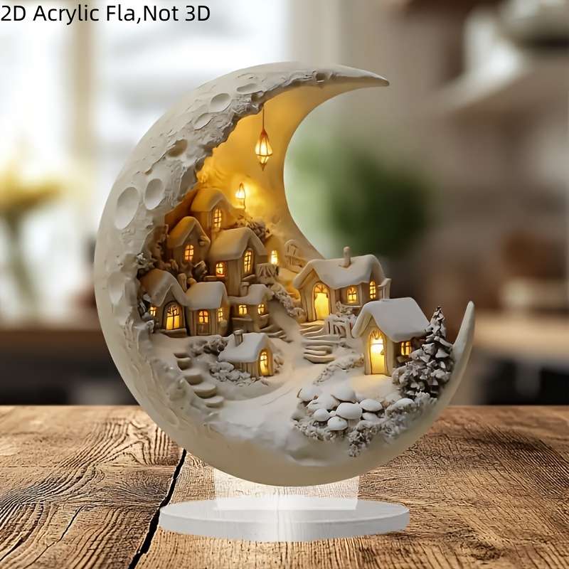 1pc 2D Flat  Bohemian Style Crystal Moon Phase Snowy Village Decor Dreamy Pastel Grey Acrylic P